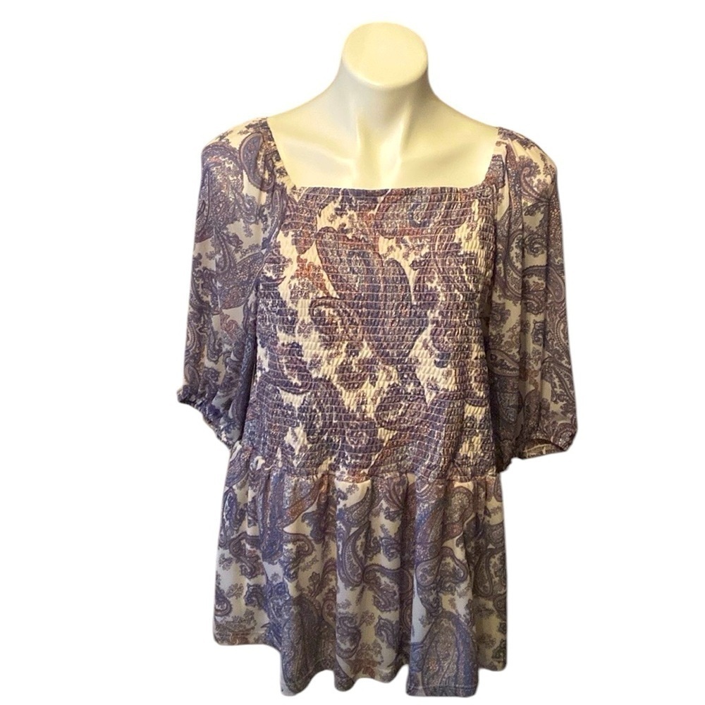 EST. 1946 Purple Pink Pastel Paisley Smocked Peplum Square Neck Top Size 18/20